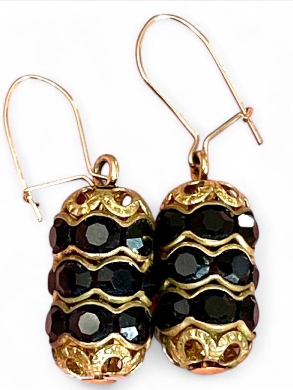 Vintage Black Glass Rhinestone Gold Tone Dangle Earrings Gothic Quiet Luxury EUC